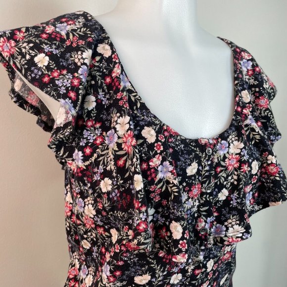 American Eagle Crop Top Small Black Floral Flutter Sleeve Cotton Casual Women's - Picture 2 of 11